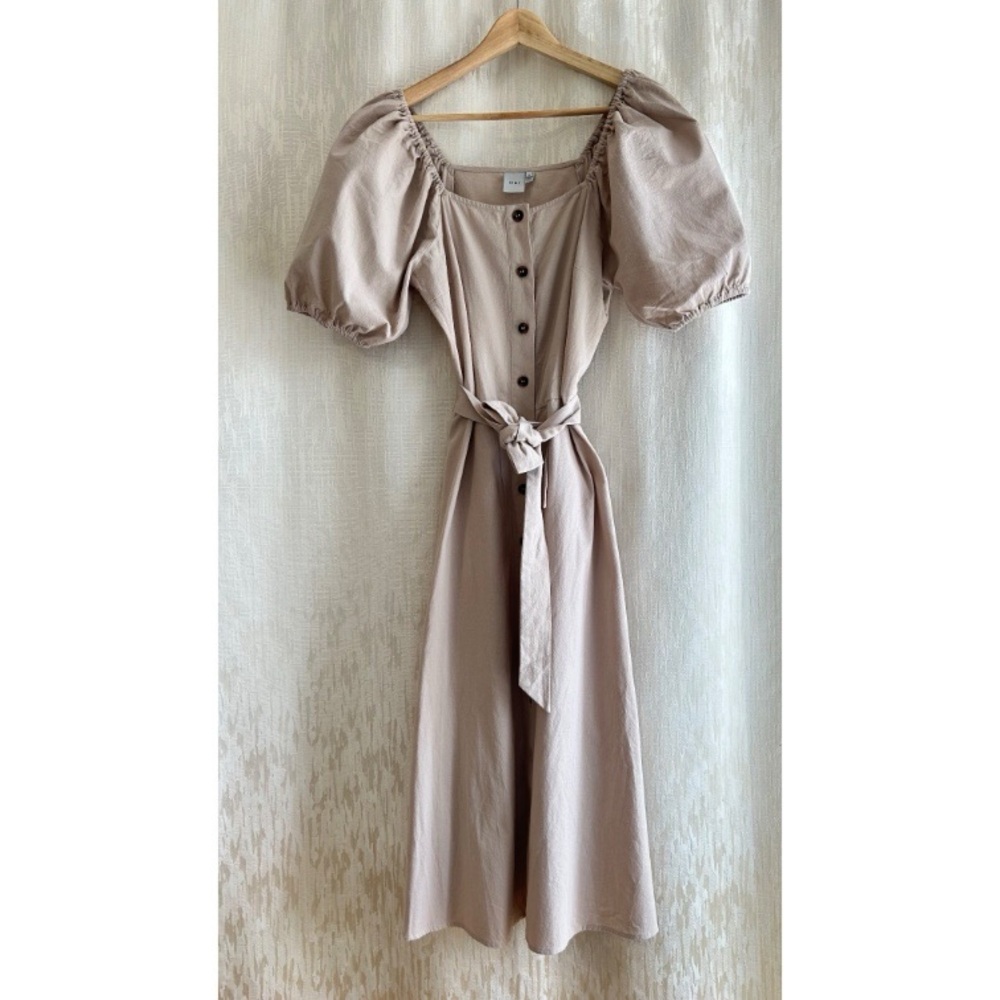 ICHI Tan Tie Front Puff Sleeve Midi Button  up Dress